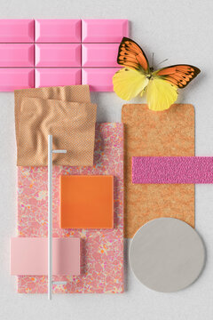 Three dimensional render of various interior design material samples and decorations