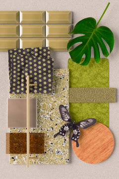 Three dimensional render of various interior design material samples and decorations