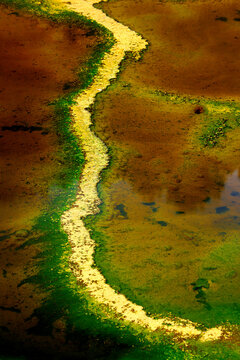 Blood red mineral laden water in the Rio Tinto river in the Minas de Riotinto mining area, Huelva province, Spain