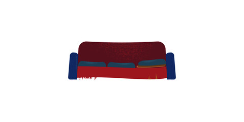 Old red and blue couch or sofa with torn details