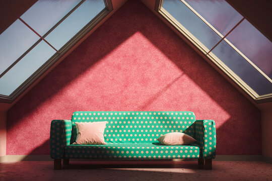 Three dimensional render of spotted sofa in attic