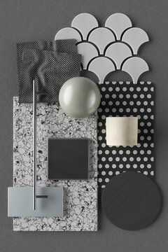 Three dimensional render of various interior design material samples