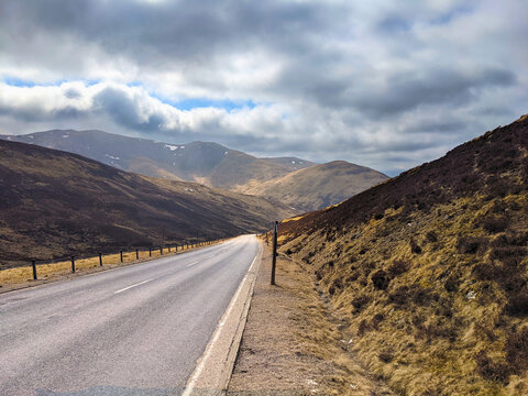 Moody looking valley, looking down the Cairnwell Pass from Glenshee Ski Centre in the Scottish Highlands