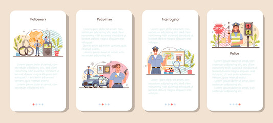Police officer mobile application banner set. Detective making interrogation