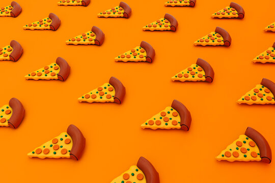 Three dimensional render of pizza slices on orange background