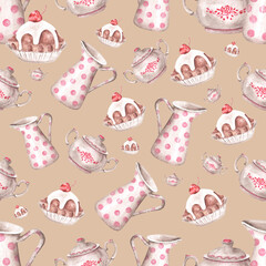 Kitchen utensils watercolor seamless pattern. A jug with polka dots. Sugar bowl with painted flowers. Cherry cake. Vintage. Baking pattern. On a beige background. For printing on wrapping paper