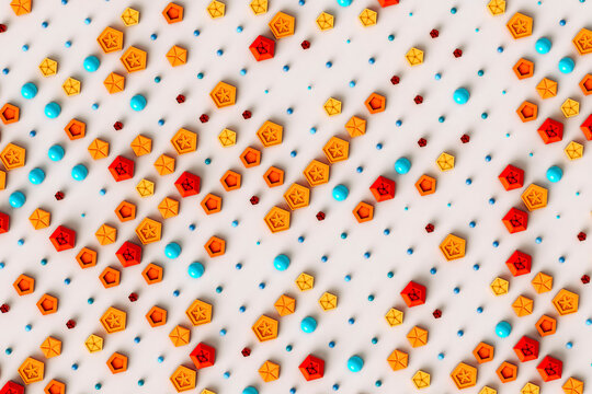 Pattern of colorful pentagons, spheres and hemispheres