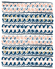 Modern hand drawn abstract calligraphic pattern trendy art poster greeting card print. Ink indigo navy blue ochre gold pink wavy stripes bordure repetitive organic theme. Boho ethnic silk screen feel.