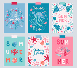 Fototapeta na wymiar Six ocean greeting card with crab, shell, jellyfish, coral, starfish