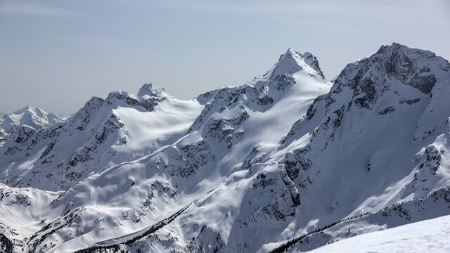 Panoramic view of snowy mountains, Mount Matier and Joffre Peak, Duffy Lake area, British Columbia, Canada