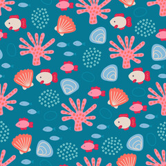 Sea seamless pattern with fish, shell, corals and bubbles