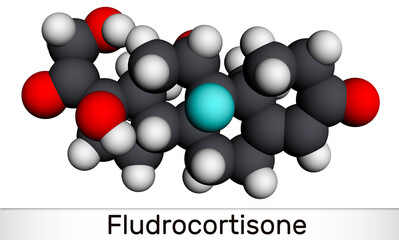 Fludrocortison, fluorocortisone molecule. It is synthetic corticosteroid with antiinflammatory and antiallergic properties. Molecular model. 3D rendering