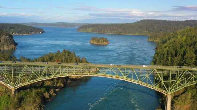Aerial view of the Deception Pass bridge and Islands above the channel