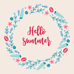 Summer greeting card with starfish, seaweed, fish, shell. Circle wreath