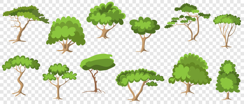 Set of green trees with foliage - forest trees, painted in modern flat cardboard style. Garden log icon, vector illustration on white isolated background.