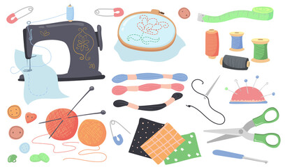 Sewing tools vector illustrations set. Collection of knitting supplies, threads, scissors, needles, buttons and pins isolated on white background. Embroidery, hobby, fashion design concept