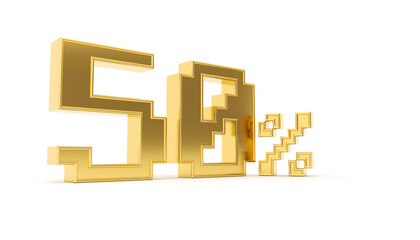 3d rendering illustration gold text "50 percentage" retro 8bit game in 80's style on the white background.