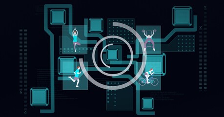 Obraz premium Animation of scopes scanning over people exercising on network of connections on black background