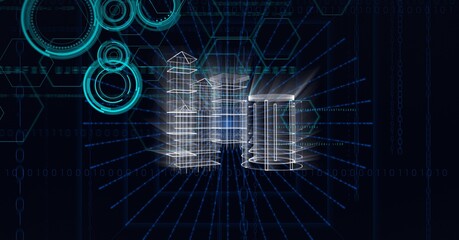 Animation of scopes scanning and hexagons on black background