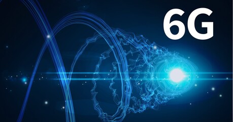 Composition of 6g text over glowing blue light trails on blue background