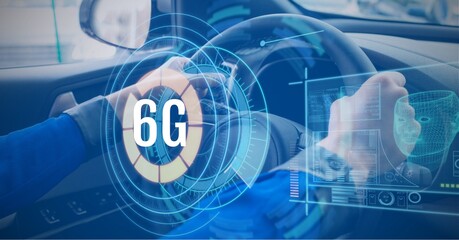 Composition of 6g text and icons over scope, digital screen and man driving car