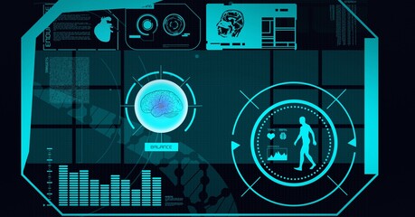 Animation of scopes scanning, human brain and model over screen on black background