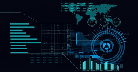 Obraz premium Animation of scope scanning, data processing and world map on black background