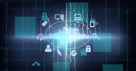 Animation of network of icons and binary coding with green squares on black background