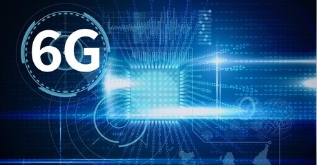 Composition of 6g text over scope and data processing on blue background