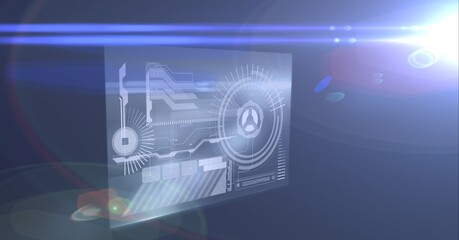 Animation of data processing on screen with blue light trails on blue background