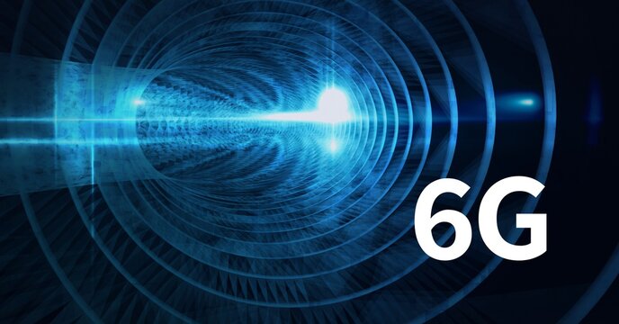 Composition of 6g text over glowing blue circles forming tunnel in background