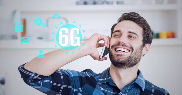 Composition of 6g text and icons over happy caucasian man talking on phone