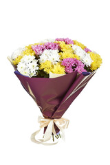 a bouquet of flowers of white, yellow, pink grysanthemums in a paper package with a beige bow on a white isolated background
