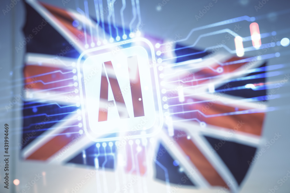 Aufkleber double exposure of creative artificial intelligence icon on british flag and blue sky background. ne