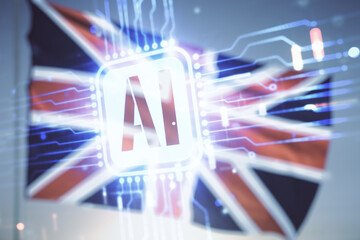 Double exposure of creative artificial Intelligence icon on British flag and blue sky background. Neural networks and machine learning concept