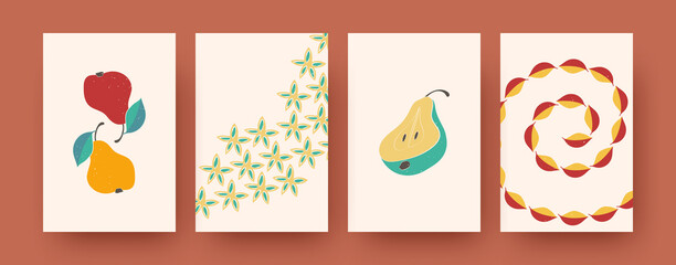 Set of art posters with colorful pears and leaves. Vector illustration. Colorful collection of natural elements. Nature, fruit, flower concept for social media, postcards, invitation cards