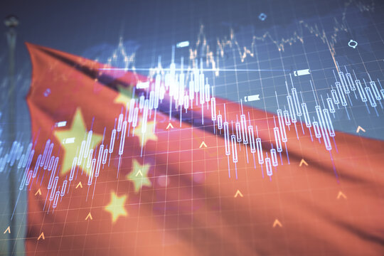 Multi exposure of virtual abstract financial chart hologram and world map on Chinese flag and blue sky background, research and analytics concept - Powered by Adobe