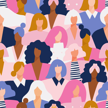 Seamless pattern with a group of diverse young modern female faces. Woman solidarity, support and power concept. Hand drawn girls characters vector illustration.