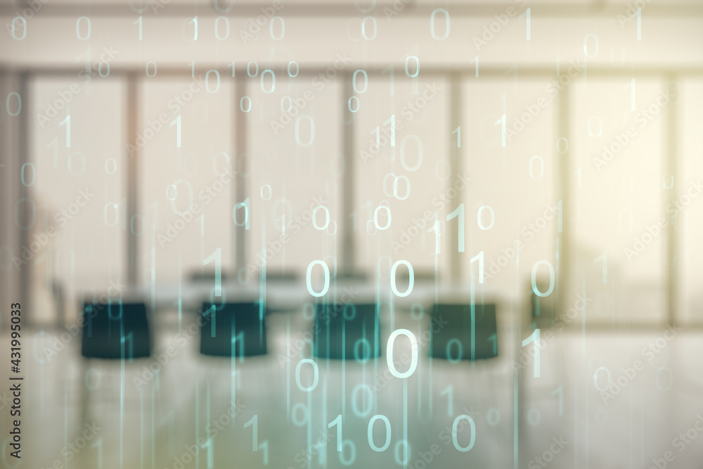 Leinwandbilder Abstract virtual binary code hologram on a modern coworking room background, AI and machine learning concept. Multiexposure