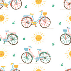 Cute seamless pattern with bike and sun. Great for children's room decoration or clothes.
