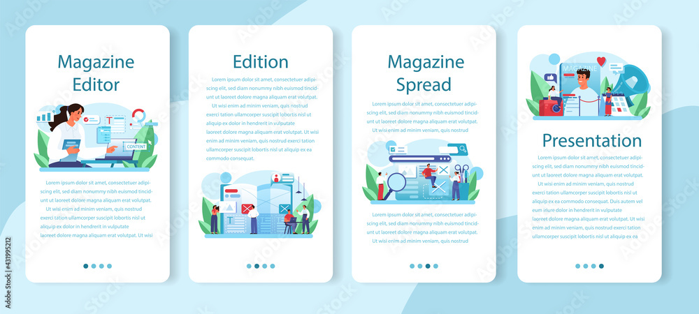 Poster magazine editor mobile application banner set. journalist and designer working
