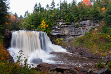 Fototapeta na wymiar Blackwater Falls - Long Exposure Waterfall on Blackwater River in Autumn - Blackwater Falls State Park - Appalachian Mountains - West Virginia
