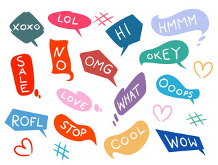 Bubble talk phrases. Collection of colorful speech clouds for online chat messages with text. Isolated abstract dialogue reactions in comic design.  cartoon communication tags