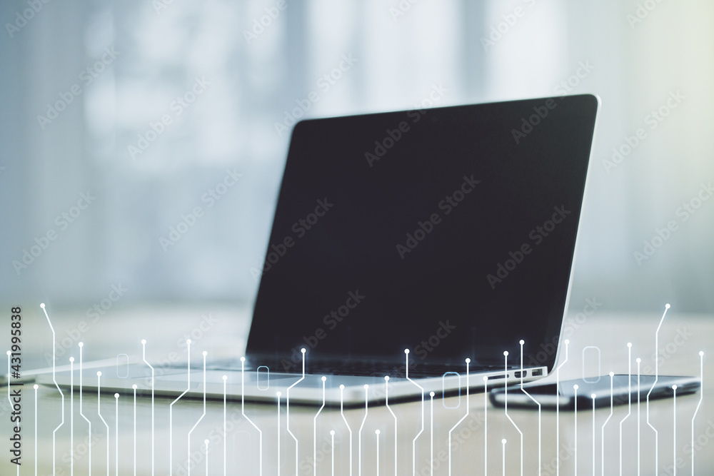 Poster Creative abstract micro chip hologram on modern computer background, artificial intelligence and machine learning concept. Multi exposure