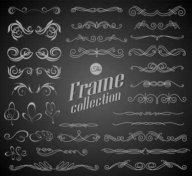 Calligraphic design elements on chalkboard background. Elegant collection of hand drawn swirls for your design. Page decorations. Swirl, scroll and flourishes dividers. Set of text delimiters