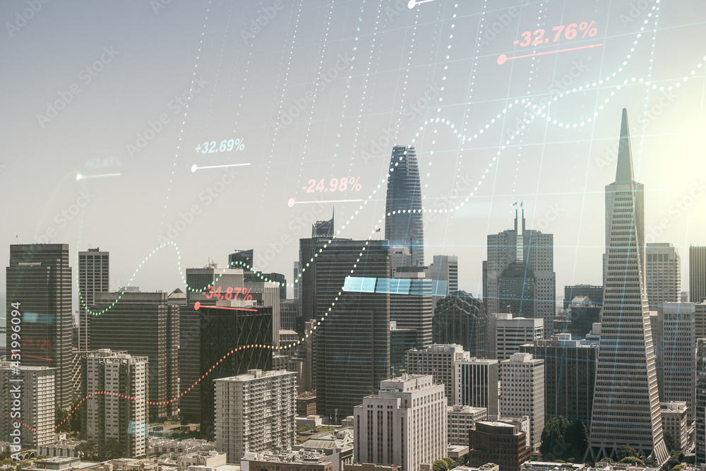 Poster multi exposure of abstract virtual graphic data spreadsheet sketch on san francisco cityscape backgr