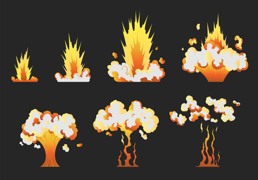 Animation for game of the explosion effect in separate frames. Cartoon animation for game. Exploding effect frames. Hand drawn  illustration
