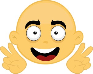 Vector illustration of emoticon of the face of a yellow bald person, making a gesture with his hands of the symbol of peace and love