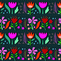 Beautiful cartoon flowers. Summer colorful background. Seamless pattern. 
