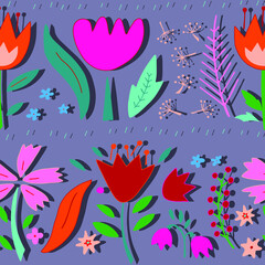 Beautiful cartoon flowers. Summer colorful background. Seamless pattern. 